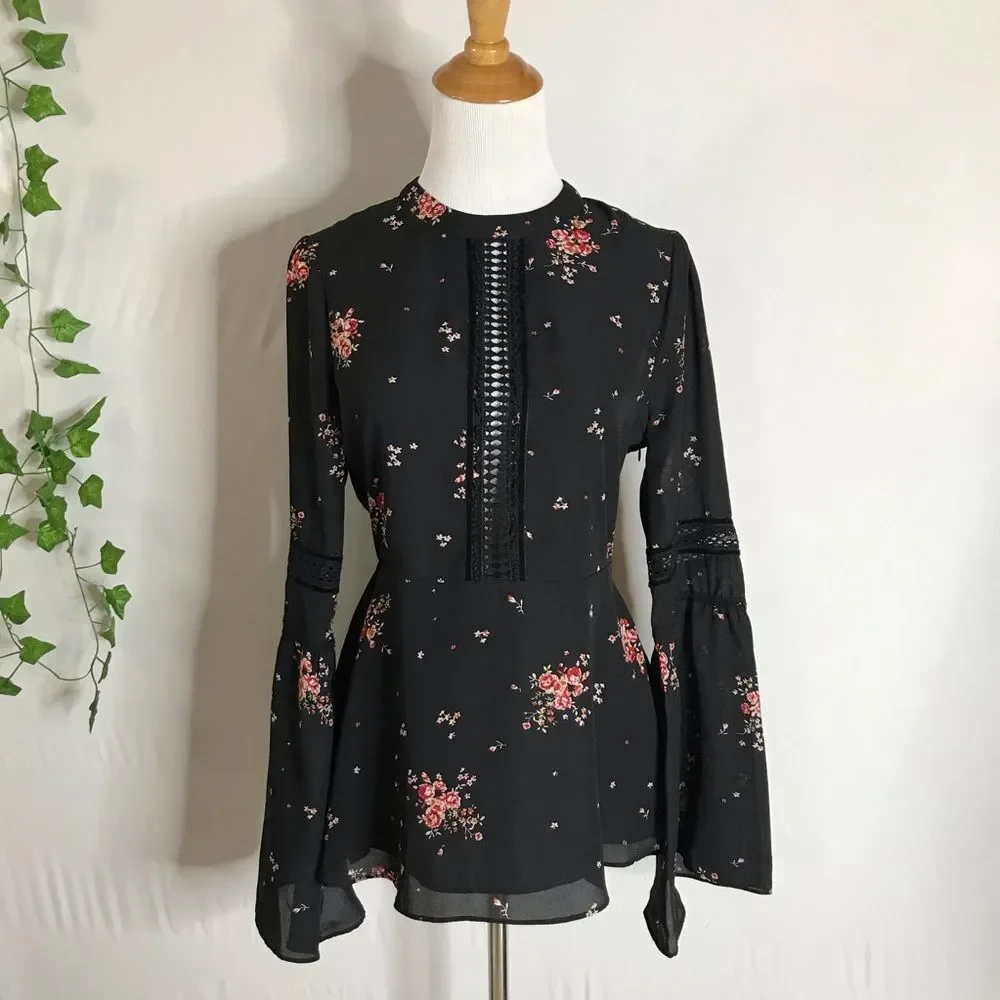 Show Me Your MuMu Lafayette Blouse XS NWT Black Red Cherry Blossom Bell Sleeve
